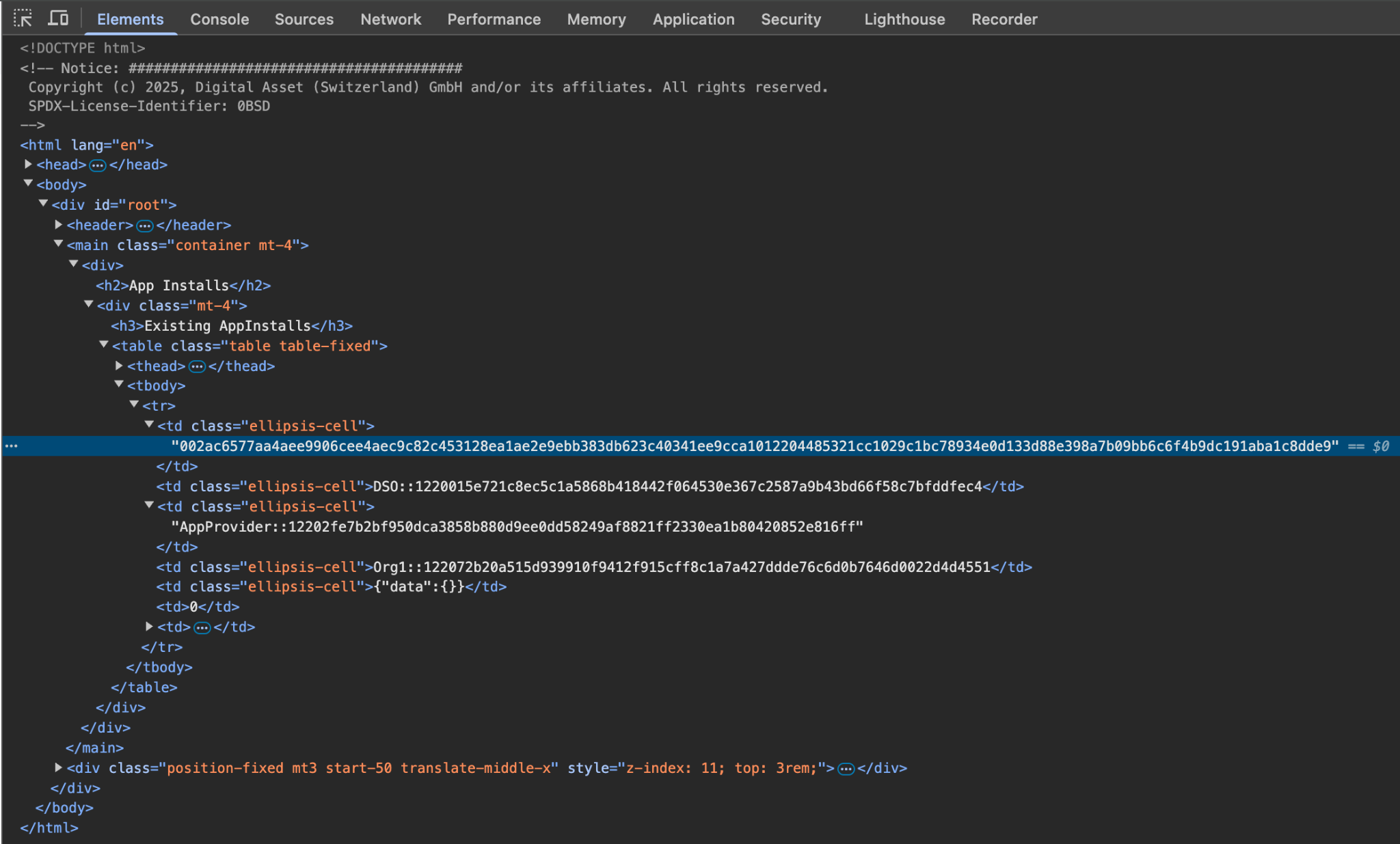 Browser developer tools showing correlating ids