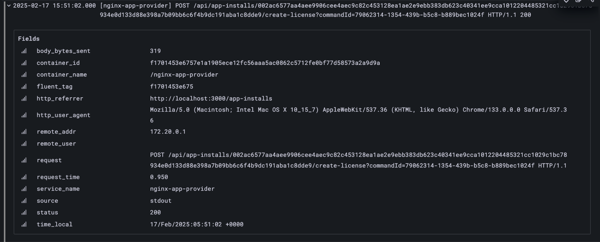 Nginx log entry for command-id