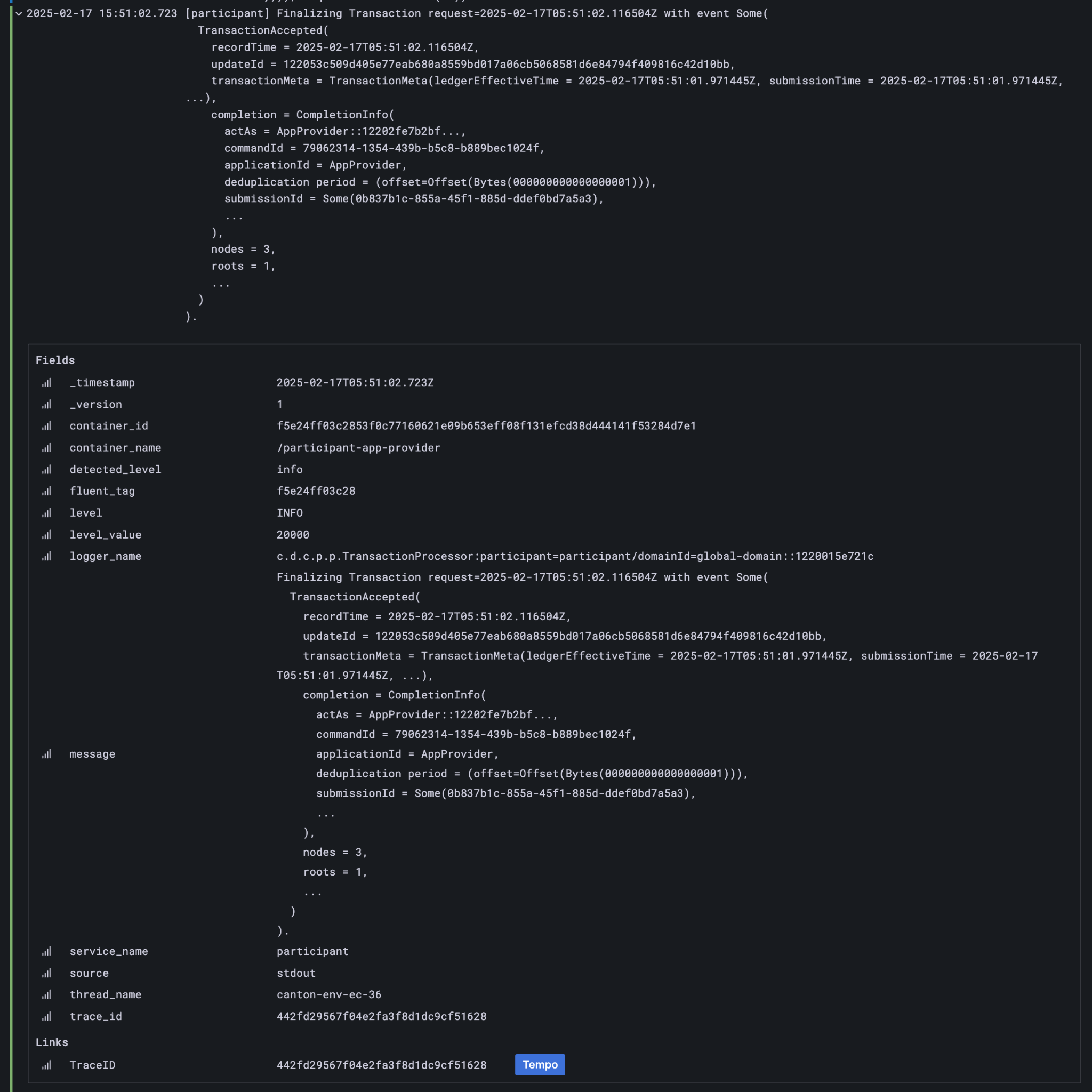 Participant Node log entry for transaction commit