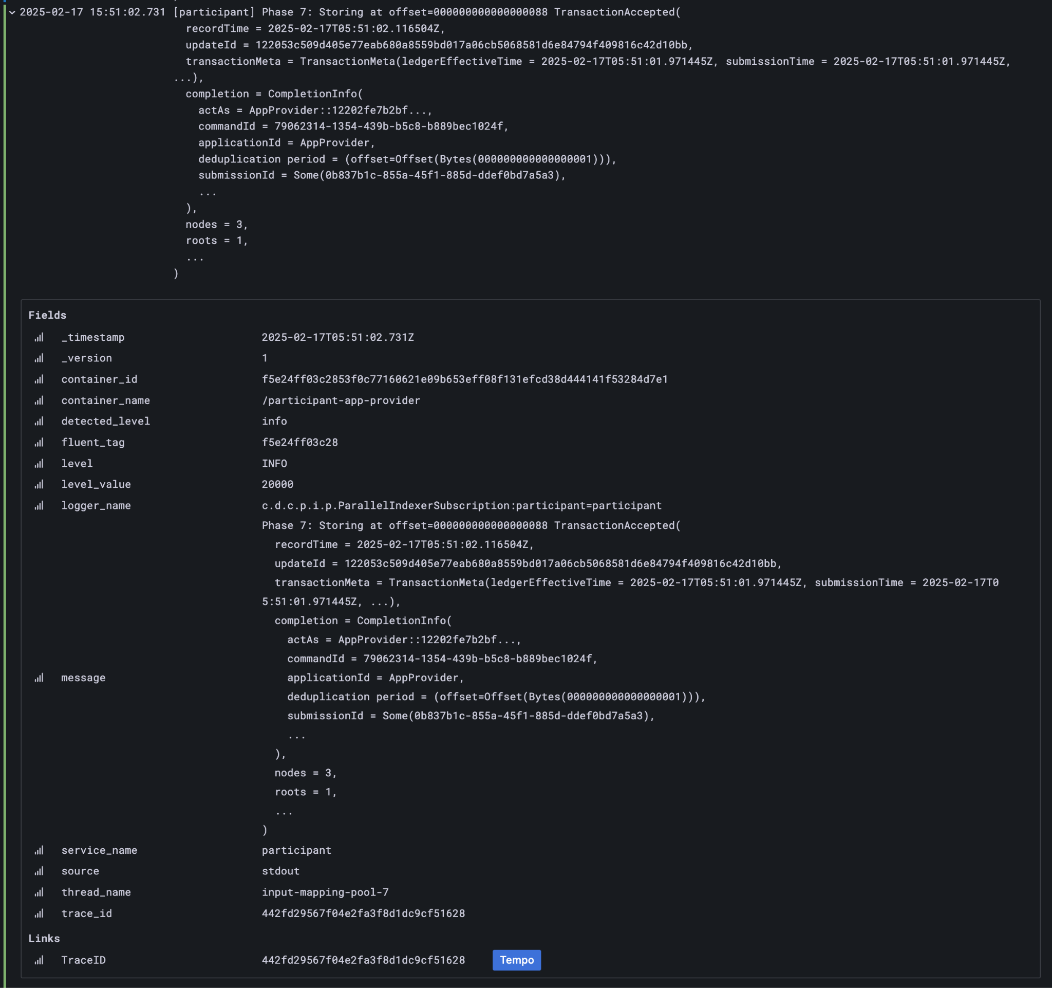 Participant Node log entry for transaction added to ledger