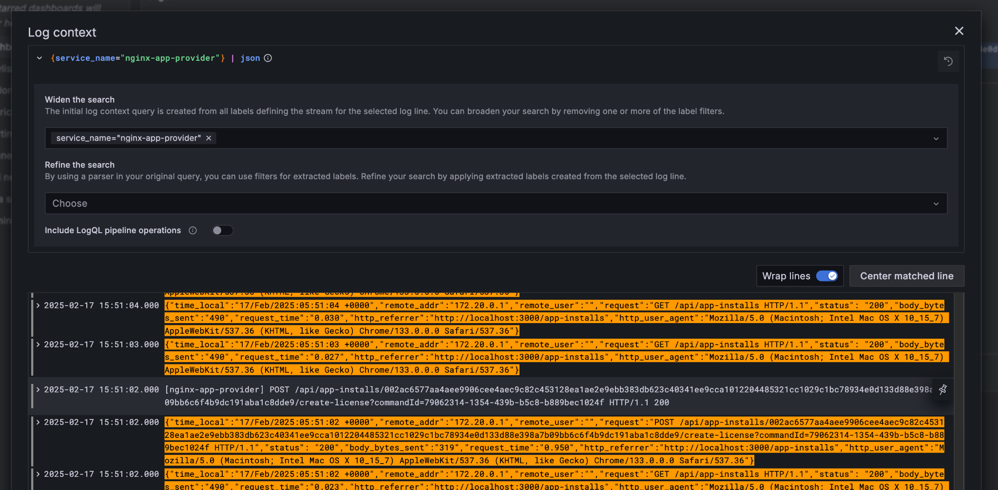 Grafana log context view