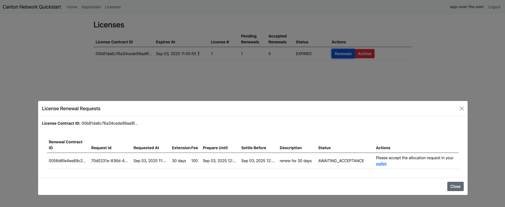 AppUser Licenses menu