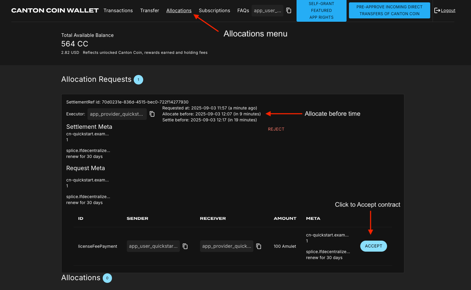 CC Wallet accept allocation