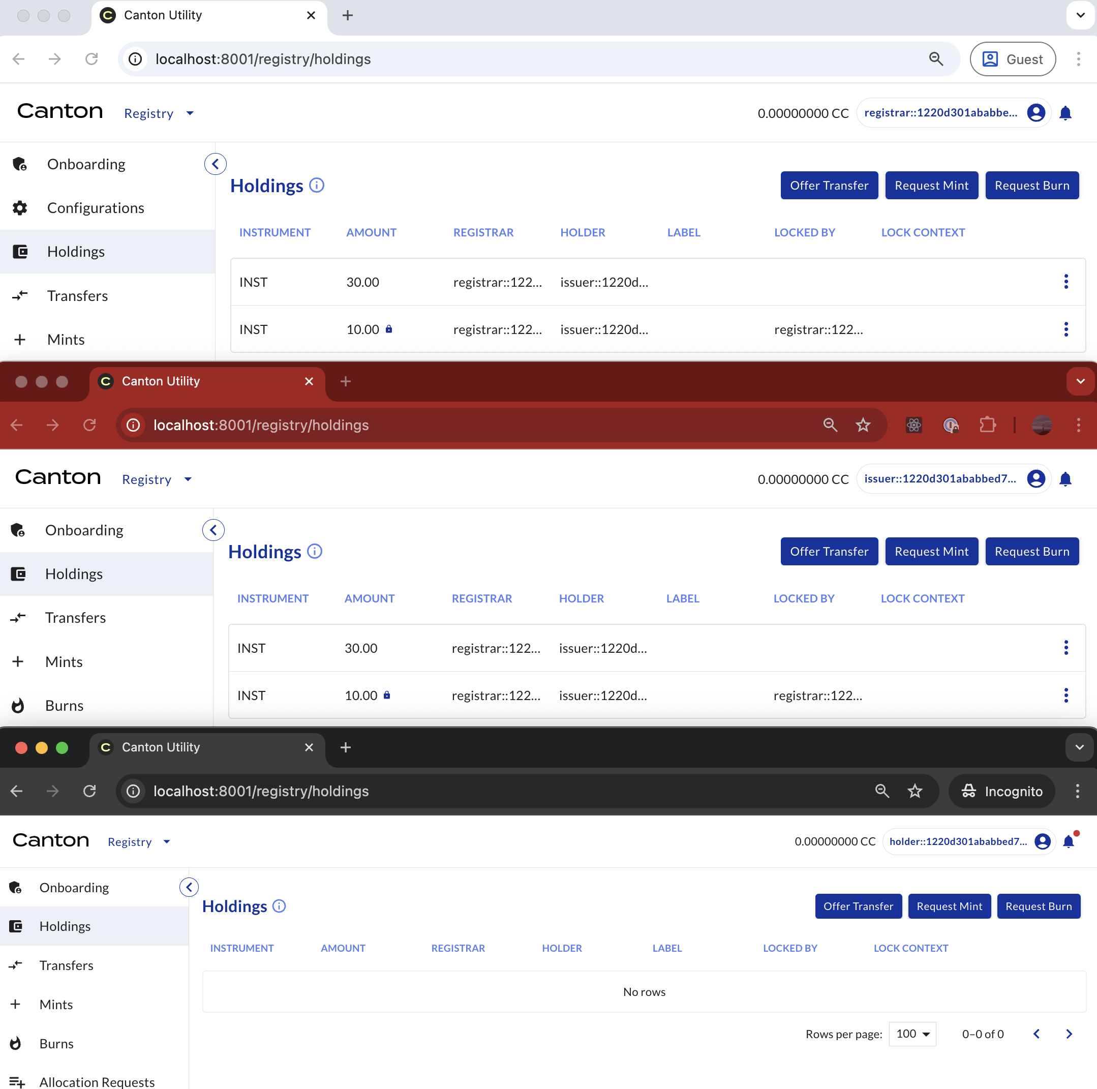 Positions after the sender has offered the transfer