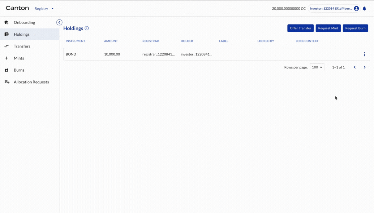 Offer token transfer