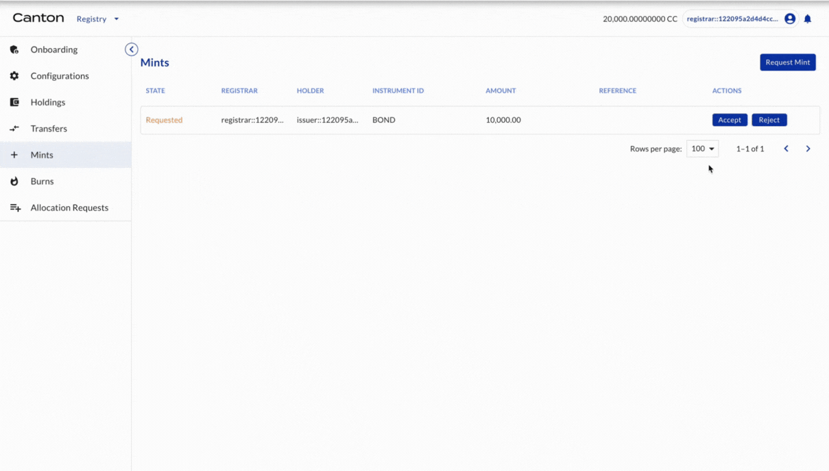 Registrar accepts mint request