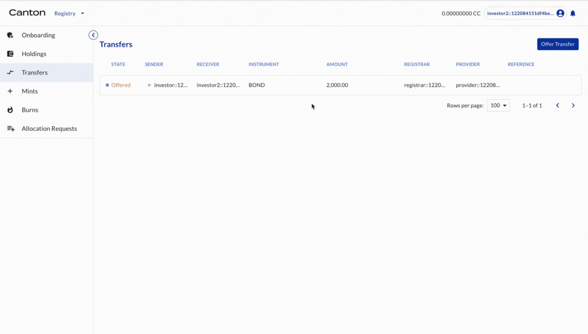 Accept token transfer